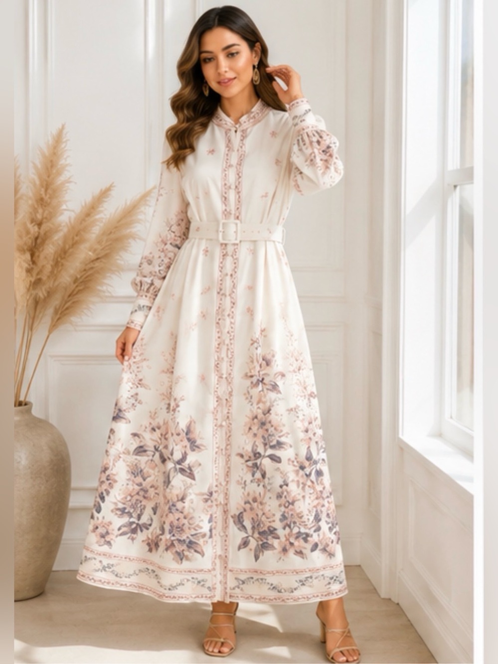 COMMENSE NWOT Floral Belted Long Sleeve Maxi Dress Ivory